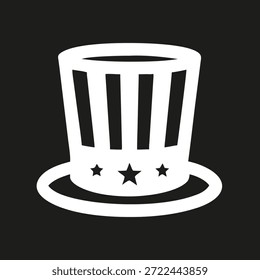 Weiß Onkel Sam Hut Symbol Silhouette auf schwarzem Hintergrund, patriotische minimale Vektorgrafik symbolisiert USA, Freiheit, Unabhängigkeit und Nationalstolz.