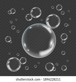 White underwater bubble isolated on transparent background. Realistic vector illustration of air or soap water bubbles with reflections. Concept of ecology protection , save planet or environment care