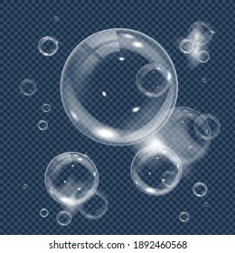 White underwater bubbles isolated on transparent background. Realistic vector illustration of air or soap water bubbles with reflections. Concept of ecology protection , save planet or environment care