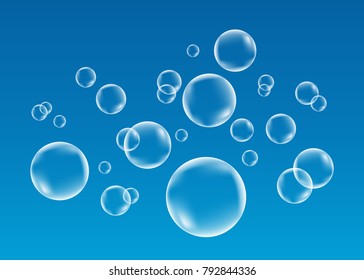  White underwater fizzing air bubbles  on blue   background. Fizzy sparkles in water, sea, aquarium, ocean. Soda pop. Effervescent drink. Undersea vector texture.