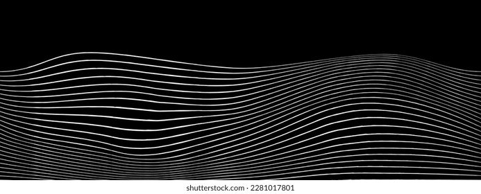 White undulate lines on black background. Winding stripes pattern. Sea, ocean, mountain or hills waving relief linear design. Vector graphic illustration.