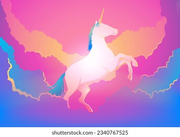 White unicorn among vibrant pink and purple clouds, perfect for fantasy enthusiasts, fairy tale themes, and dreamlike designs