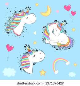 White Unicorn collection with magic design elements. Vector