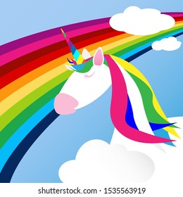 white unicorn with colorfuls horn, rainbows and blue sky background