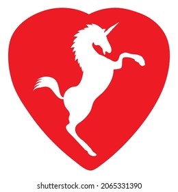 A white unicorn is drawn on a large red heart. The unicorn reared up. The horn, mane, hooves and tail of the unicorn are visible.