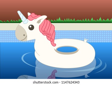 A white Unicorn floater floating in a swimming pool. Vector Illustration