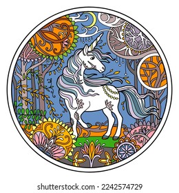 White unicorn in flower frame round shape. Color picture with fantasy horse drawn in tangle style. Antistress freehand sketch drawing. Vector illustration. For jigsaw, design, puzzle, print, decor