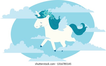 White unicorn flying in the clouds