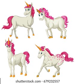White unicorn in four actions illustration