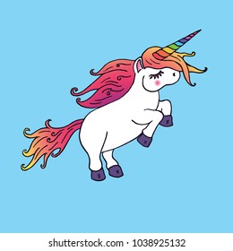 White unicorn, hand drawn doodle sketch, isolated vector outline illustration? on blue background