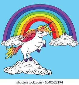 White unicorn, hand drawn doodle sketch, isolated vector color illustration on blue sky background with clouds and rainbow