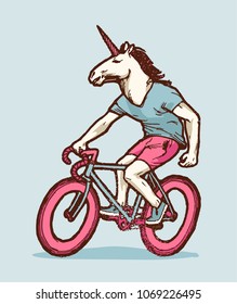 white unicorn head guy riding pink bicycle