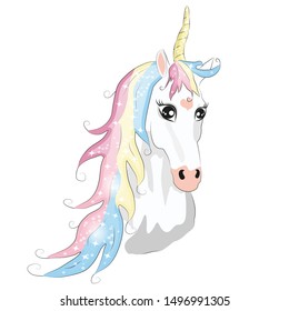 White unicorn head with mane and horn on white background.