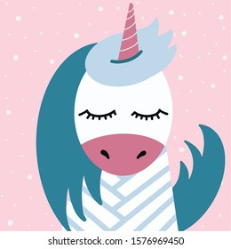 White unicorn head with pink horn, blue bangs and turquoise mane on pink background. Unicorn with closed eyes. Vector illustration
