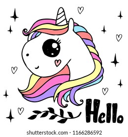 White unicorn head with rainbow hair with lettering Hello. Vector isolated on white.