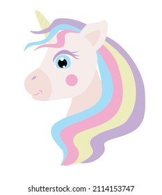 Ein weißer Einhornkopf mit Regenbogenmane und goldenem Horn. Ein fantastisches Wesen.