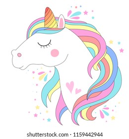 White unicorn head vector illustration. Cute pony face with rainbow hair
