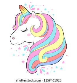 White unicorn head vector illustration. Cute pony face with rainbow hair