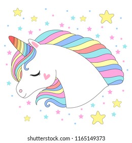White unicorn head vector illustration. Cute pony face with rainbow hair