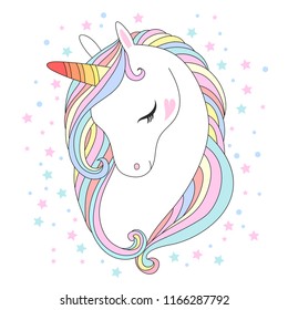 White unicorn head vector illustration. Cute pony face with rainbow hair