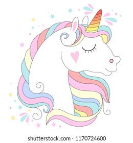White unicorn head vector illustration. Cute pony face with rainbow hair