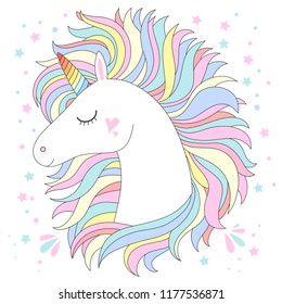 White unicorn head vector illustration. Cute pony face with rainbow hair