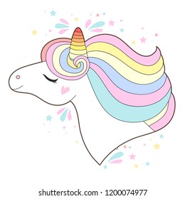 White unicorn head vector illustration. Cute pony face with rainbow hair