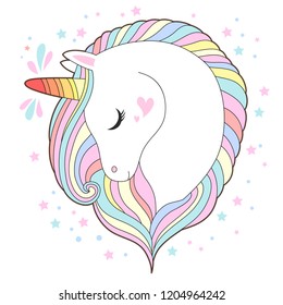White unicorn head vector illustration. Cute pony face with rainbow hair