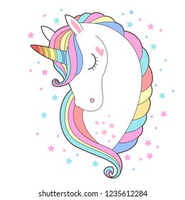 White Unicorn Head Vector Illustration. Cute Pony Face With Rainbow Hair