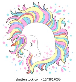 White unicorn head vector illustration. Cute pony face with rainbow hair