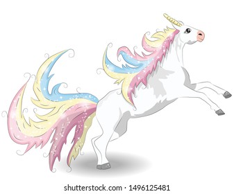 White Unicorn illustration for children design. Rainbow hair. Isolated. Cute fantasy animal.