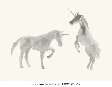 White Unicorn Isolated Vector Illustration Set 3D Low Poly Rendering