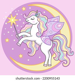 White unicorn with a magic wand on the moon. For children's design of prints, posters, cards, stickers, t-shirts, cups and so on. Vector