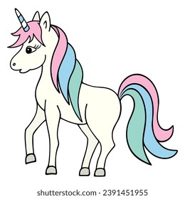 White unicorn. A magical horse with a lush rainbow mane and tail. Color vector illustration. Cartoon style. Pony girl with a horn on her forehead. Isolated background. Idea for web design.