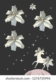 White unicorn with mane and tail in shape of lilies on night sky background with glittering stars in form of beautiful flowers. Greeting or invitation card. Vertical pattern.