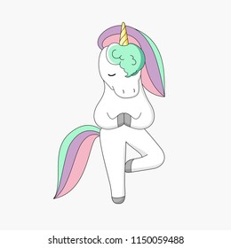 The white unicorn with a multi-colored mane practices yoga on a white background. A white unicorn with a multi-colored mane stands on one leg of the hand together.
