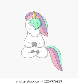 The white unicorn with a multi-colored mane practices yoga on a white background. A white unicorn with a multi-colored mane sits in a lotus position.