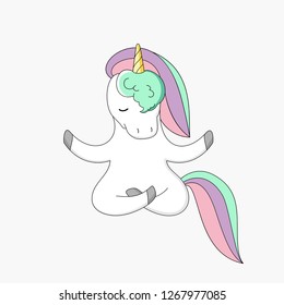 The white unicorn with a multi-colored mane practices yoga on a white background. A white unicorn with a multi-colored mane sitting in a lotus position meditates.