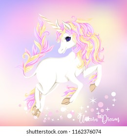 White unicorn with multycolor mane and shine stars on  light ultra violet pastel colors on mesh pink, blue background. Vector illustration.