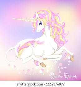 White unicorn with multycolor mane and shine stars on  light ultra violet pastel colors on mesh pink, blue background. Vector illustration.