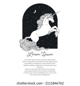 White unicorn on the background of the starry sky. Vector hand drawn illustration