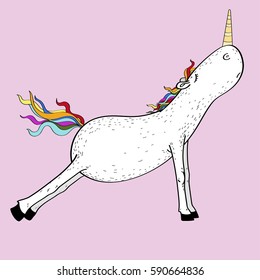 White unicorn on a pink background in a yoga pose