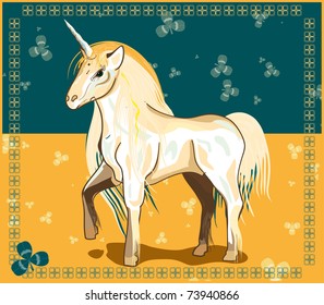 White Unicorn on a yellow-green background. Vector illustration.