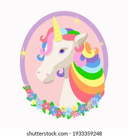 White unicorn in an oval frame with flowers. Design for a card, invitation, poster. Vector graphics. Place for your text.