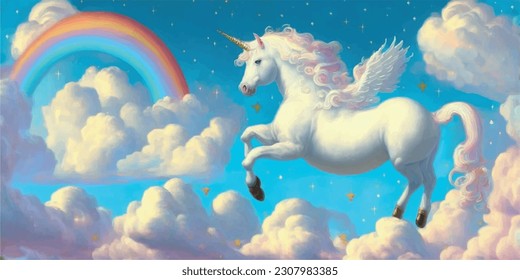 White unicorn Pegasus pony horse in heaven.Kawaii cute fairy tale sweet dreamy light pastel rainbow fluffy clouds sky with stars.Cartoon vector baby nursery wall design.Childish wallpaper for kids.