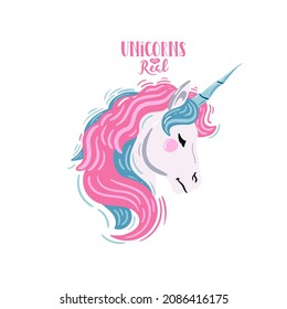 White unicorn with pink hair. Unicorns are real. Vector illustration. 
