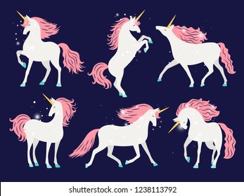 White unicorn with pink mane. Cartoon pretty unicorn horse isolated on background with rose mane for girls t-shirt design vector illustration