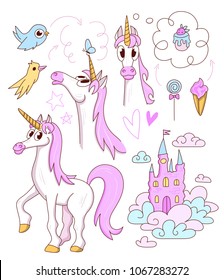 White unicorn with pink mane and golden horn, blue and yellow birds, pink castle and sweets, set of magic fairytale characters and objects on white. Funny comic child style animal in different poses.