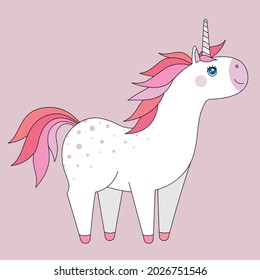 White unicorn with pink mane on a light pink background. Made in a vector. For postcards, posters, prints, covers, souvenirs, children's textiles