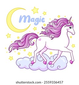 White unicorn with pink mane runs on clouds with stars and moon. Inscription Magic. Isolated on white background. For children's design of prints, posters, postcards, stickers, etc. Vector illustratio